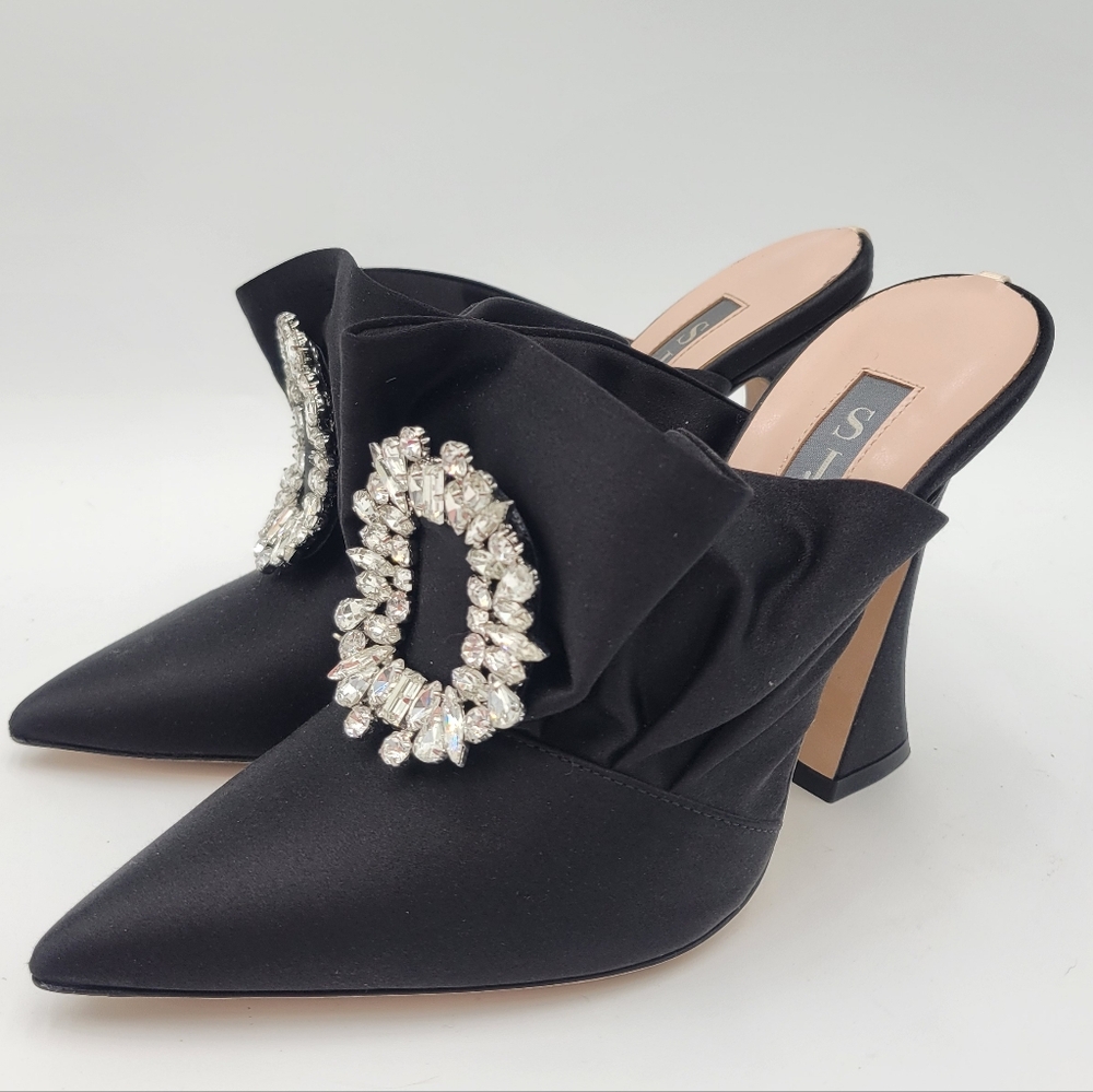 SJP Sarah Jessica Parker Sandringham Black Satin Spool Heel Mules size 35 US 5